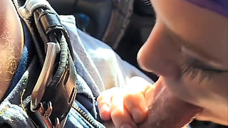 Sexy purple haired girlfriend worships my cock in the car