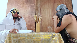 India, behind on credit, asks the Arab sheikh for more time, and he helps her with a perverted condition.