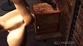 Head in a box! Busty sexy girl has crazy fuck in the basement - Creampie
