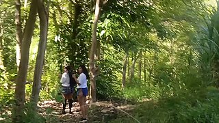 Two busty and big-assed women and an old man have a threesome in the jungle