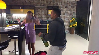 Lucky Motoboy Delivered Pizza to Delicious Young Woman